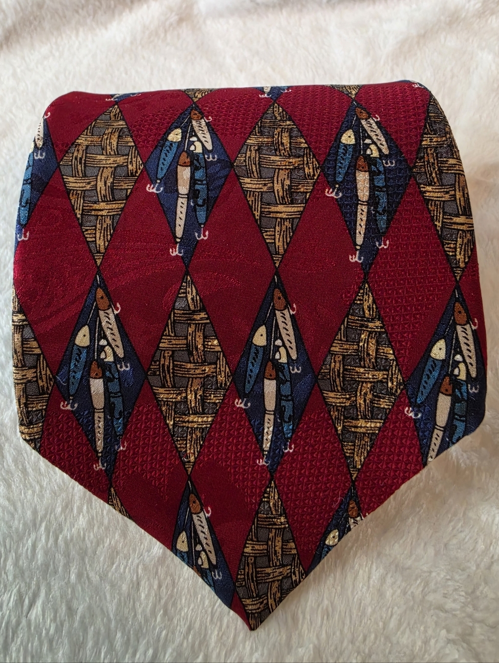 Bob Timberlake Men's Necktie 100% Silk Burgundy Fishing Lure Pattern 57" USA
